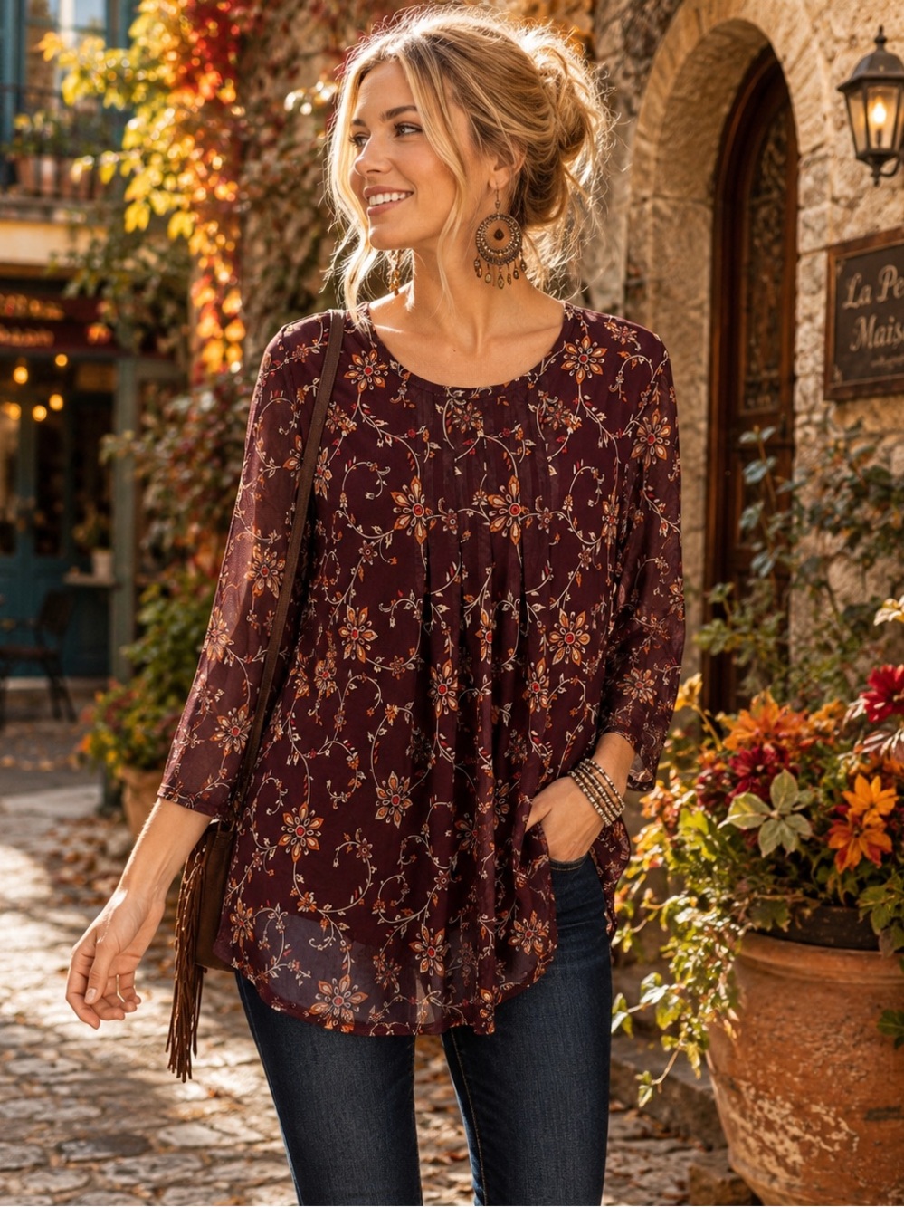 Cheerslife Boho Floral Mesh Tunic Blouse Sheer Sleeve Burgundy M